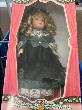 Girls' Doll in Dark Green Lace Dress